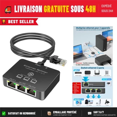 KiWiBiRD Répartiteur Ethernet RJ45 3 Ports 1000Mbps pour Cat 5/6/7/8 - Photo 1/4