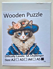 Wooden Puzzle Cat in Blue Hat Dress 5A Challenger A5 Interlocking
