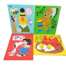 Lot 4 Vintage Playskool Wooden Puzzles Sesame Street Snoopy Chickens Indians