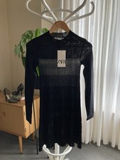 BNWT Zara Dress Black White Stripe XS Long Sleeve Mini Mesh