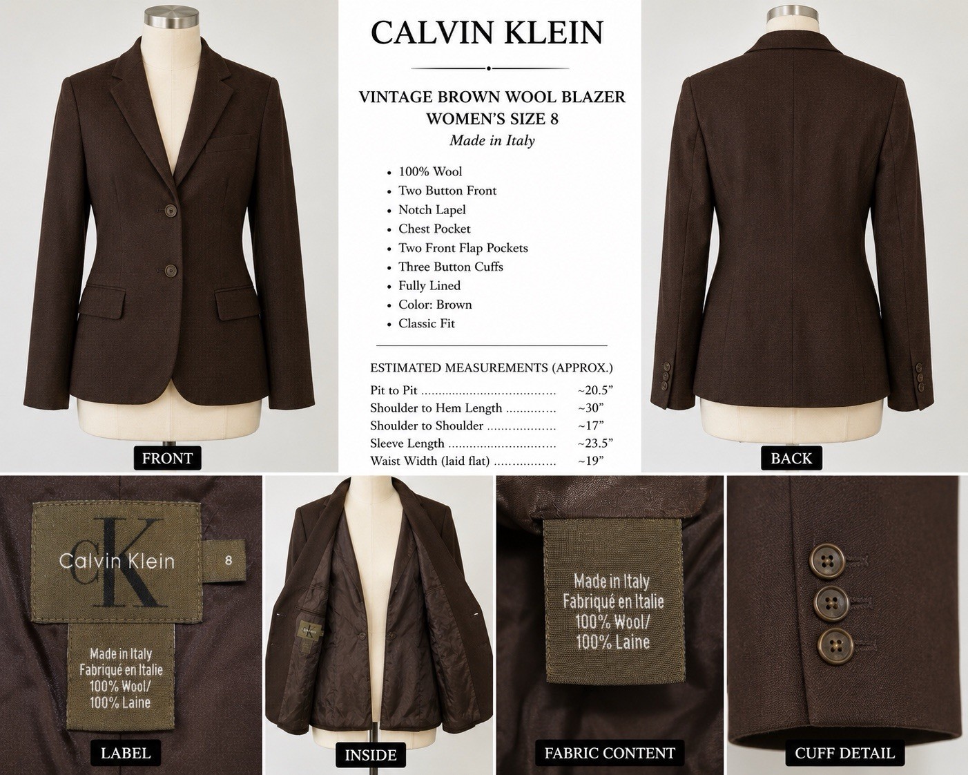 Vintage Calvin Klein Brown Wool Blazer Women 8 Made Italy Career Office Jacket