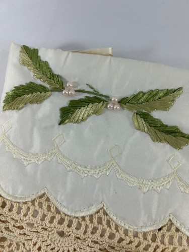 Christmas Stocking White Satin Cream Crochet Lace Holly Leaves Vintage Style 18" - Picture 3 of 9