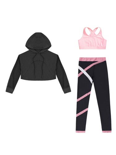 Kids Girls Outfit Long Sleeve Set Hooded Crop Top Performance Pant Jazz Vest - Picture 32 of 52