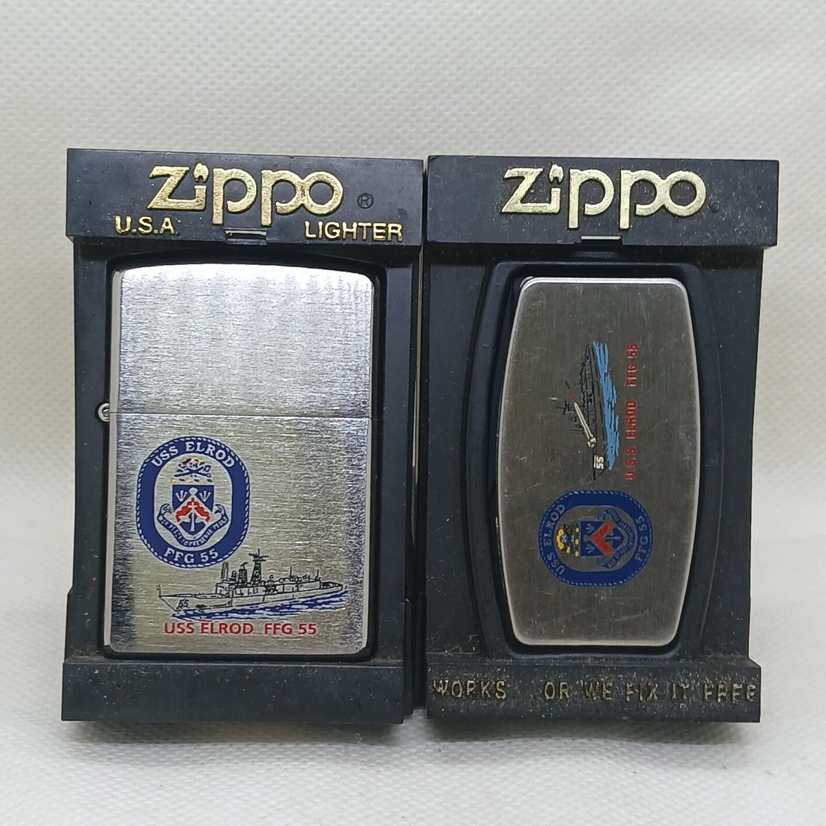 Lot of 2 USS ELROD FFG-55 zippo lighter & pocket knife/money clip
