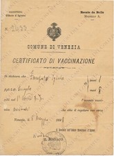 1898 VENEZIA Certificato di Vaccinazione Segreteria Ufficio d’Igiene