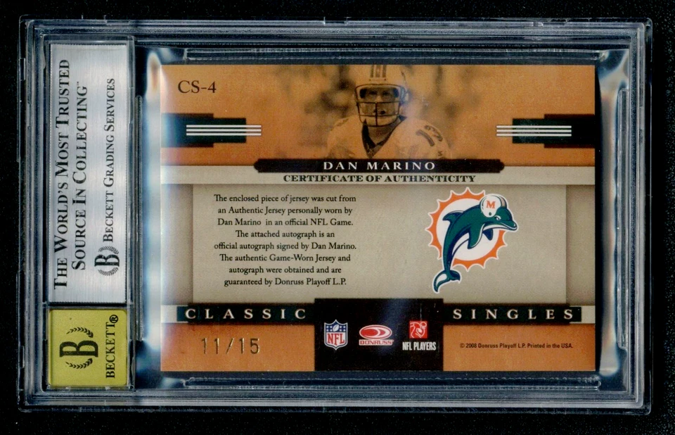 Dan Marino 2008 Donruss Classics BGS 8 Auto 10 Prime Game Used Jersey NFL /15 - Image 2 of 2