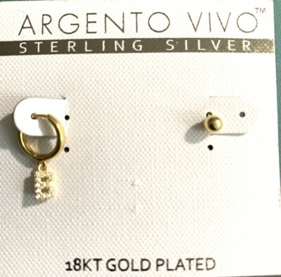 ARGENTO VIVO BLOCK INITIAL HOOP MISMATCHED EARRINGS NEW 18k Gold Plated  B 