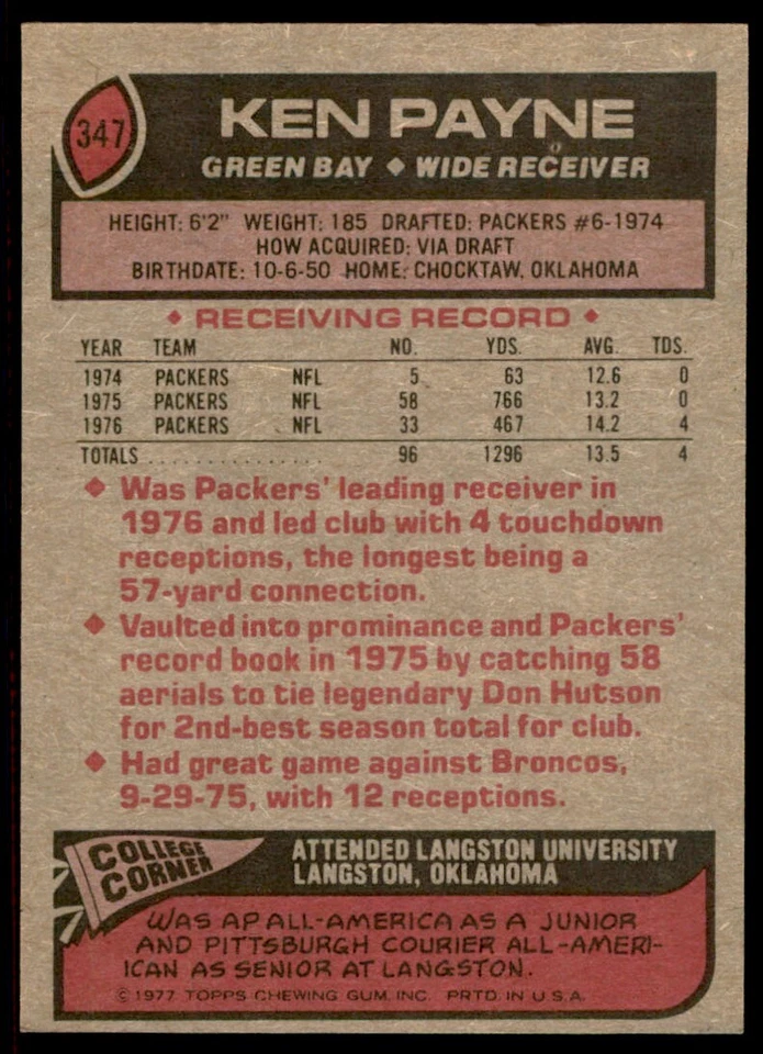 1977 Topps Ken Payne Football Card Green Bay Packers #347 - Image 2 of 2