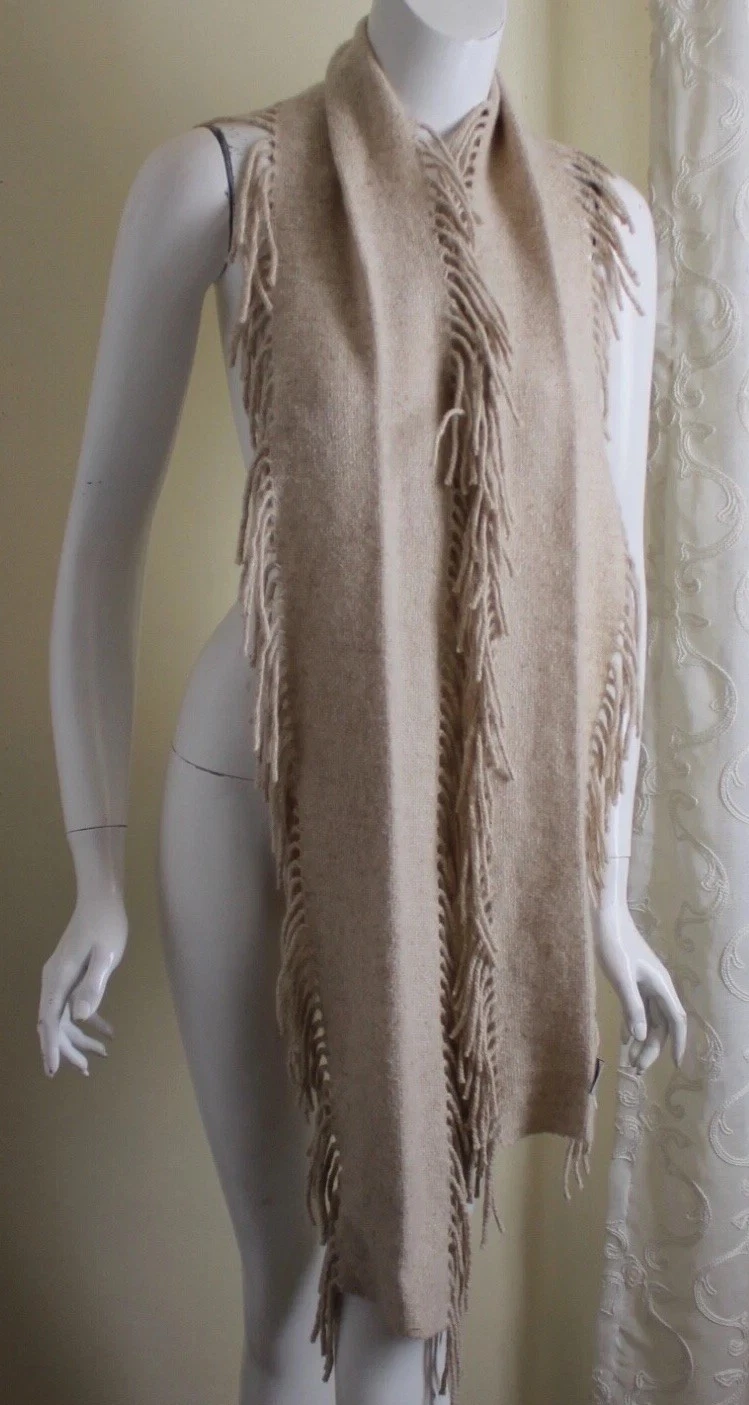 Johnstons Scotland Wool Angora Beige Gray Natural Cashmere Fringed Lux Scarf