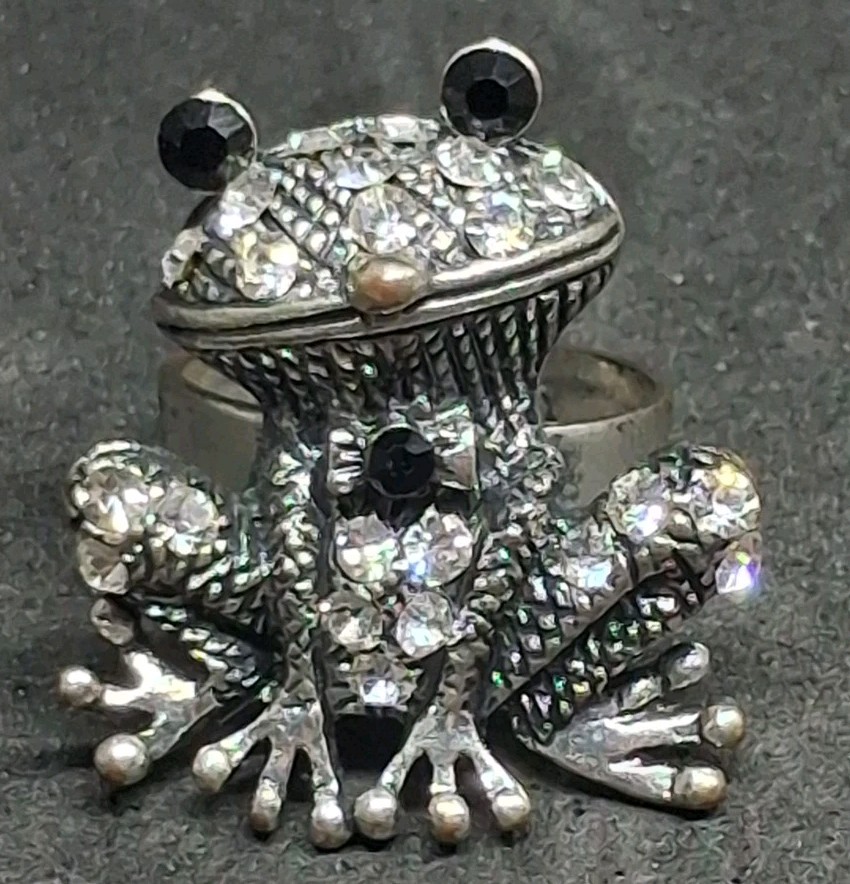 Silver Tone Rhinestone Frog Adjustable Statement … - image 1