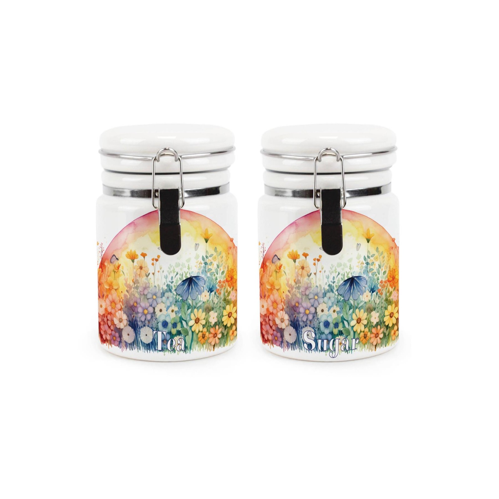 Ceramic Clip-Lid Floral Sunrise Canisters - Tea & Sugar Storage Containers