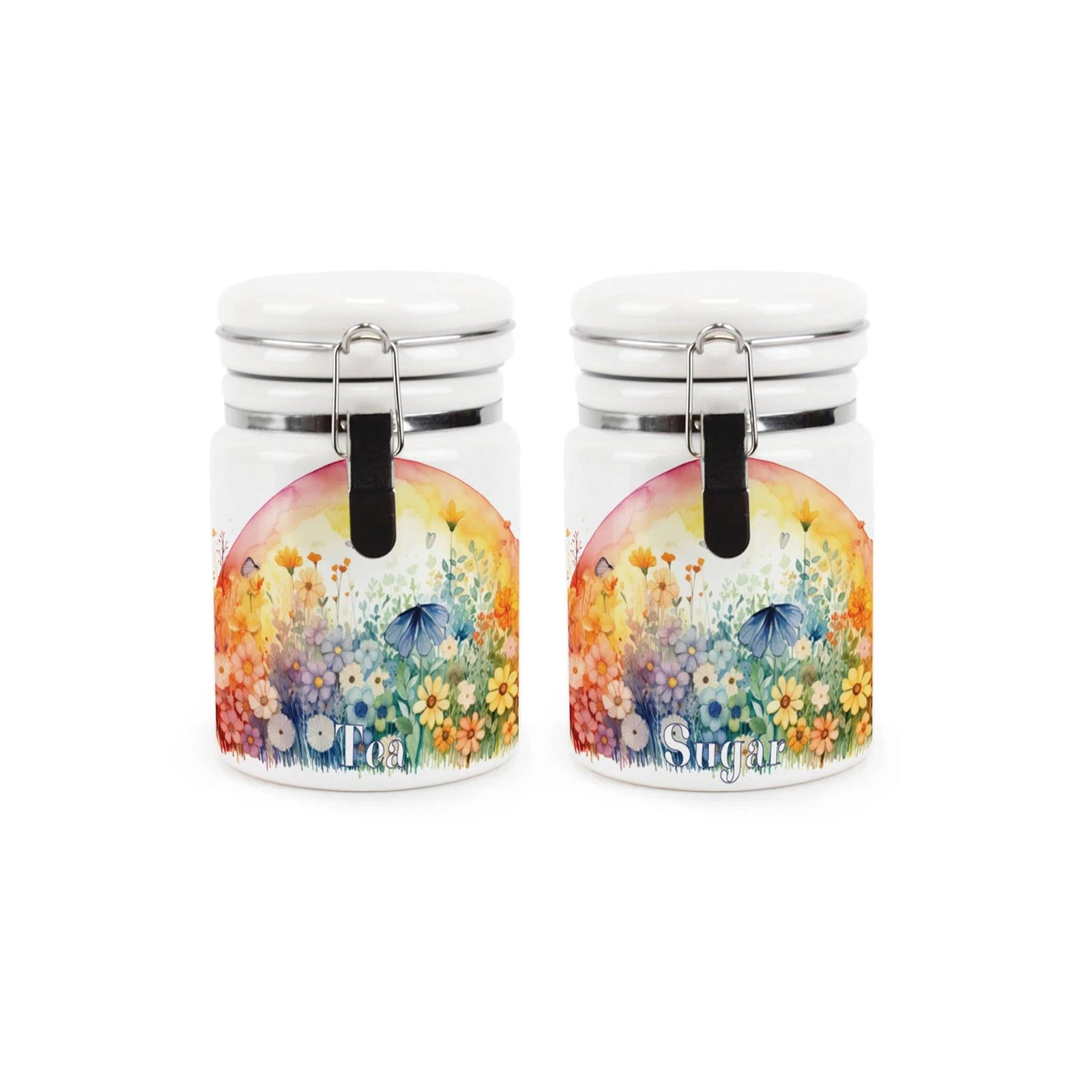 Ceramic Clip-Lid Floral Sunrise Canisters - Tea & Sugar Storage Containers