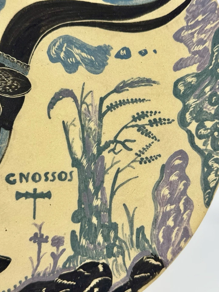 Placa de cerámica de arte original de mediados de siglo azul surrealista 10”, firmada y fechada 1953 Foto 4 de 4