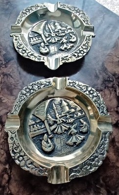 Pair Vintage dervish whirling brass ashtrays folk