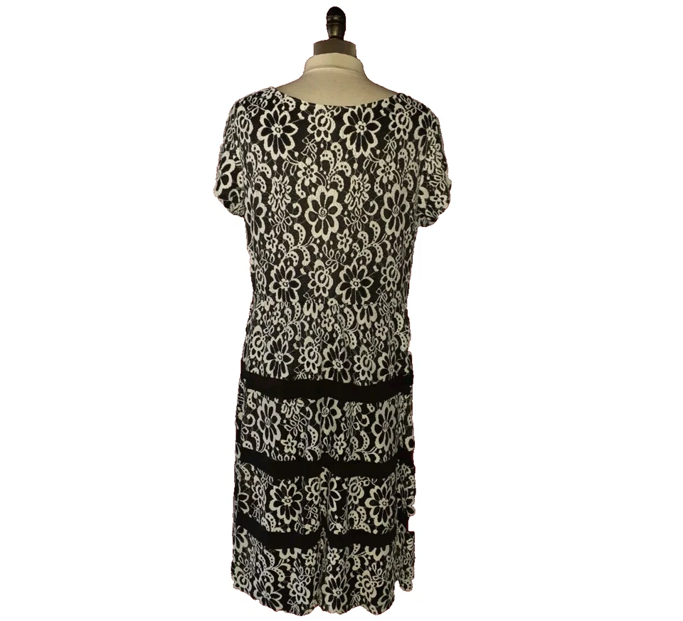 Vestido NY COLLECTION Talla XL Negro Blanco Floral Encaje Manga Corta Hasta la Rodilla Foto 4 de 4