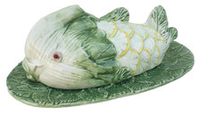 MAJOLIQUE Ancien plat en Barbotine Beurrier Poisson Cloche Céramique Vintage