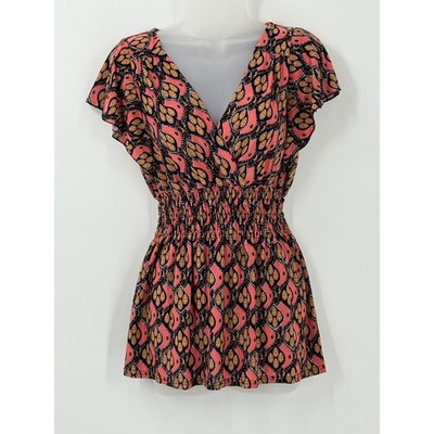 Y2k Flutter Sleeve Smocked Waist peplum Top Womens sz L Fairy Grunge sparkle