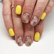 Yellow Press on Nails Short Square Fake Nails Spring Flower Stick on pattern-9