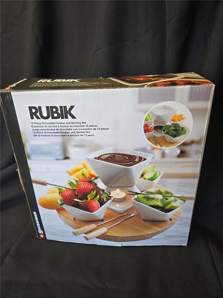 &= Swissmar Rubik 12-Piece Fondue Set Serving White Ceramic Wood Base F66329