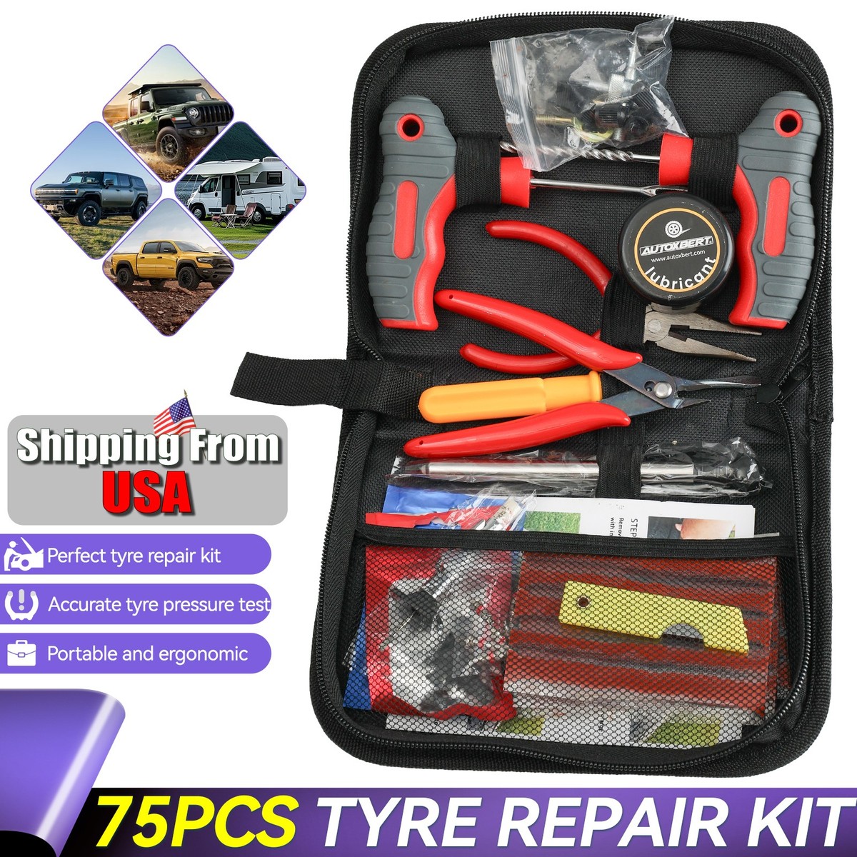 75X Tire Puncture Repair Kit Offroad Plug For Tubeless Tire Heavy