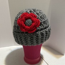Handmade Crochet Gray With red Flower Beanie With Plain Center Of Flower