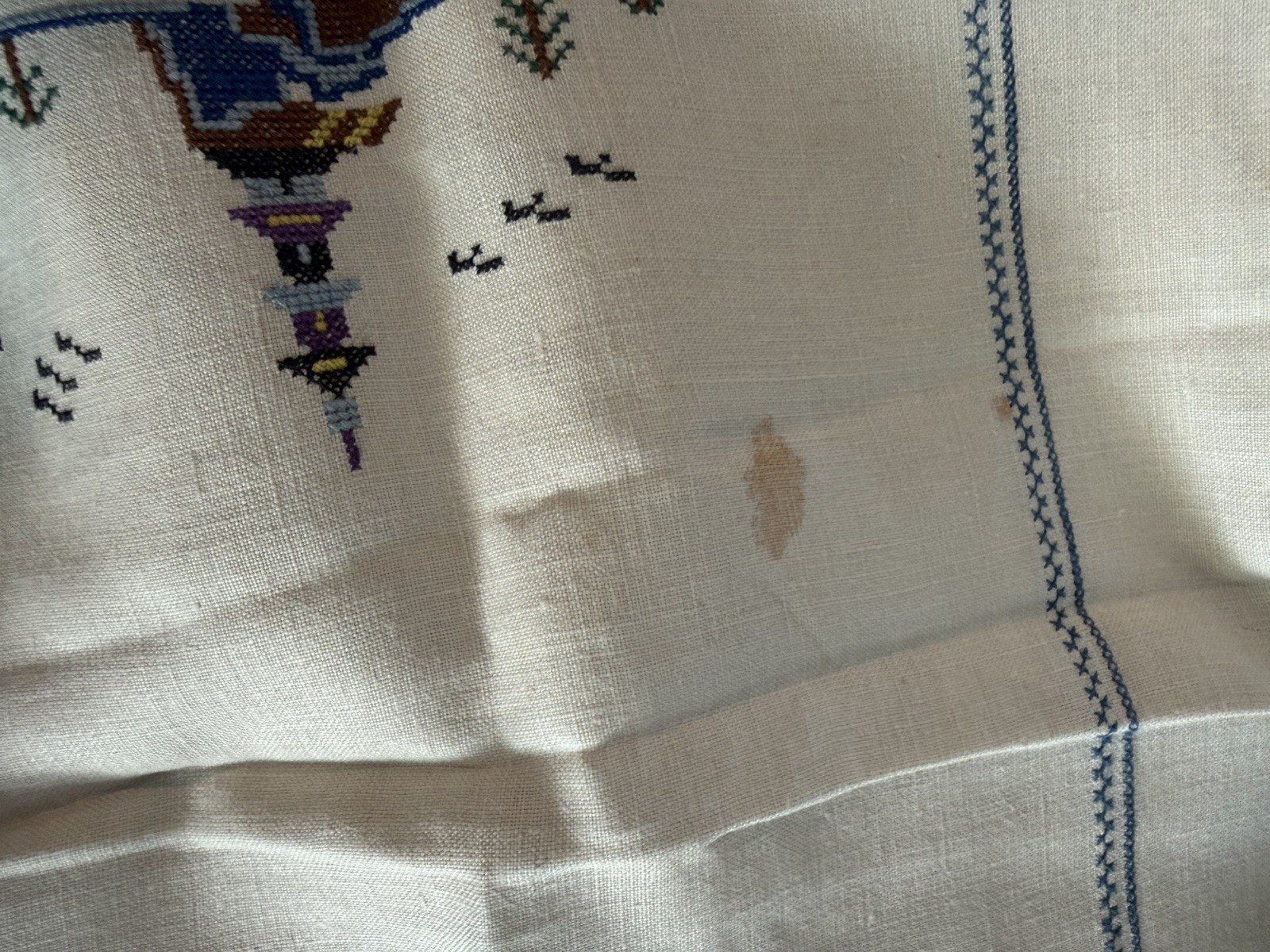 Embroidered White Linen Cross Stitch Table Runners Trio with Pagoda ...