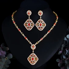 CZ Multicolor Long Necklace Earring Dubai Gold Plated Bridal Wedding Jewelry Set