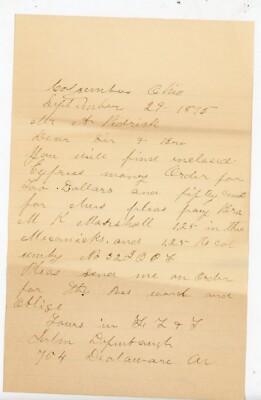 1895 Columbus Ohio Handwritten Letter w/ Money Order Reference  Odd Fellows IOOF