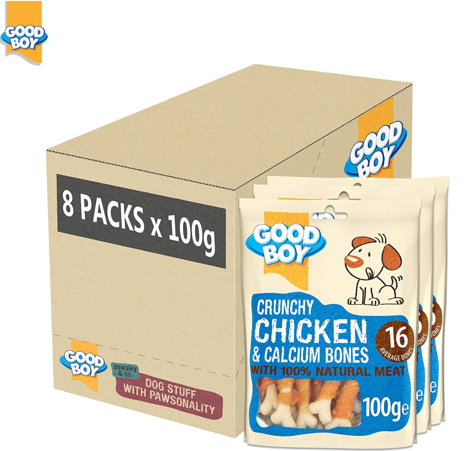 CASE OF 8 GOOD BOY CRUNCHY CHICKEN & CALCIUM BONES DOG PUPPY TREATS 100G