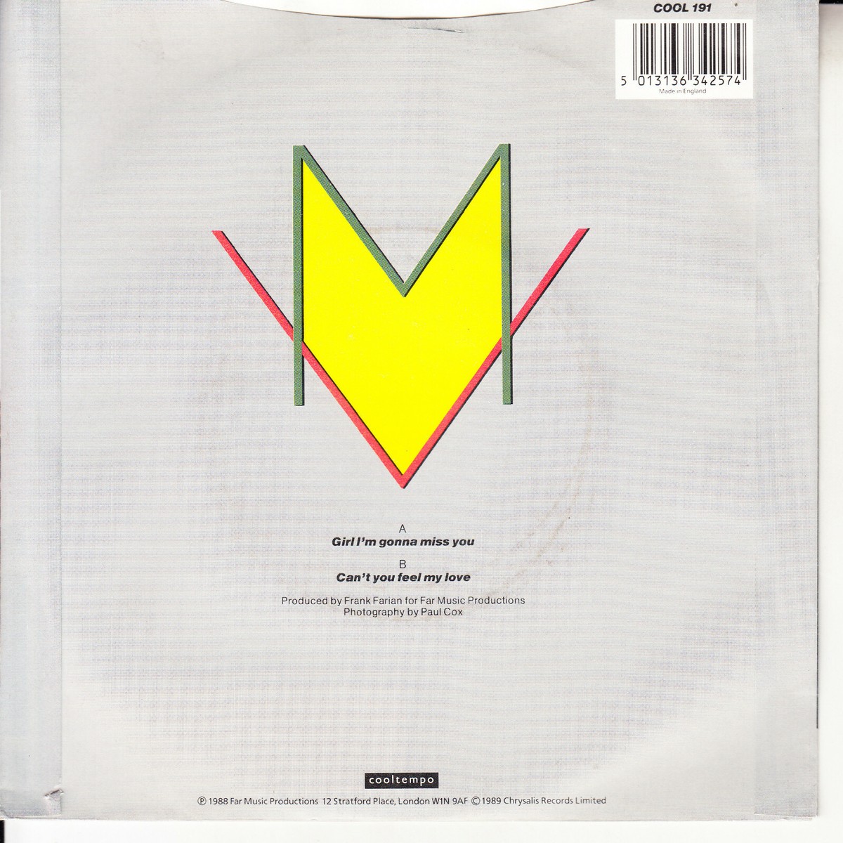 MILLI VANILLI Girl I'm Gonna Miss You PICTURE SLEEVE 7