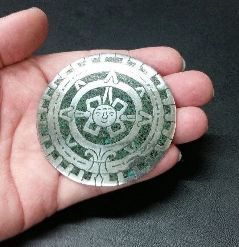 Colgante y broche de plata esterlina GRANDE sonriente sol azteca incrustaciones turquesa 2,4"