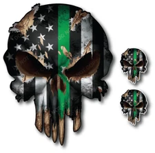3x Thin Green Line Skull American Flag Window Sticker Vinyl Decal Car Truck 3M