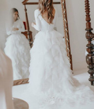 Fairy Tulle Ruffles Wedding Dress Satin Bridal Gown V Back with Long Sleeves New