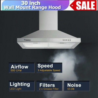 500 CFM 30 inch Stainless Steel Wall Mount Range Hood Kitchen 3-Speed Vent w/LED