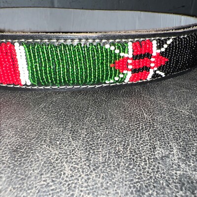 Handmade Beaded Tribal Kenya Maasai Logo Emblem Leather Belt 26-28