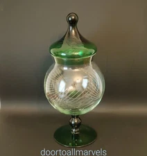 Vintage Green Apothecary Covered Candy Dish Etched Blown Glass 10.5" Mid Century