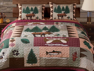 MOOSE LODGE 3pc Full/Queen QUILT SET - BEAR FISH MOOSE PINE CABIN MOUNTAIN