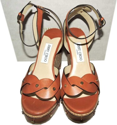Jimmy Choo Wedge Sandals Brown Drya Studded Shoes Sz 39.5  display picture 1