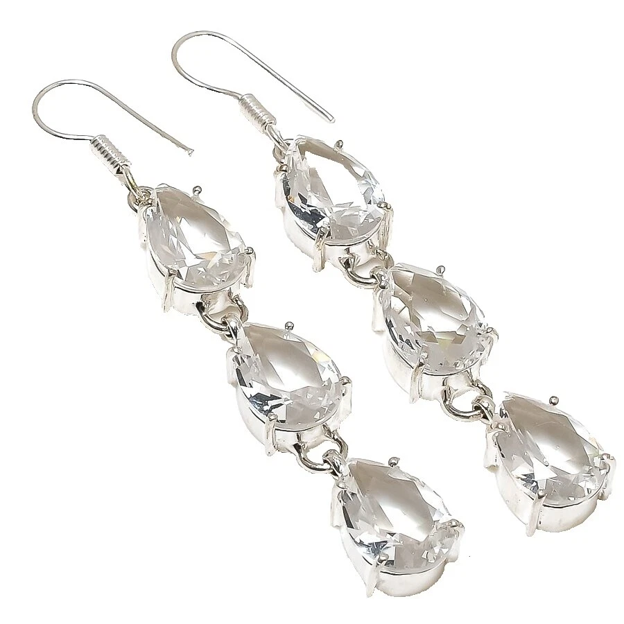 Cuarzo Blanco Chapado en Plata Pendientes de Moda