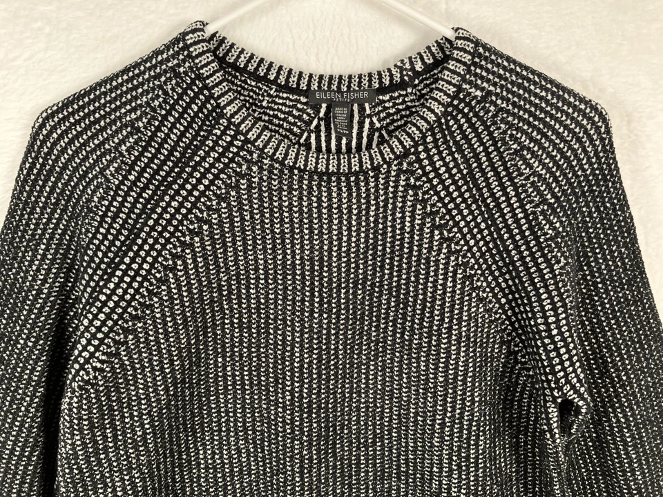 Suéter Eileen Fisher Algodón Orgánico Chenilla Negro Pequeño Pullover Blanco Foto 4 de 4