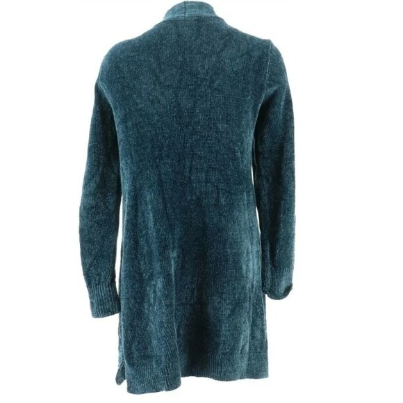 Denim & Co. Cárdigan regular de chenilla manga larga frente abierto azul mallardo XXS Foto 3 de 3