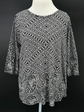 Lucky Brand 1X Shirt Top Black Cream Floral Paisley 3/4 Sleeve Stretch Woman
