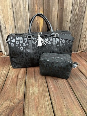SALE! NEW BLACK LEOPARD DUFFEL WEEKENDER OVERNIGHT TRAVEL BAG COSMETIC CASE SET