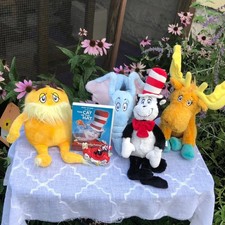 DR SEUSS lot of 4 stuffed plush toys, plastic rolling toy Cat in the Hat DVD
