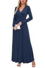 Women's V-Neck Long Sleeve Wrap Maxi Dress with Pockets – Navy 3XL
