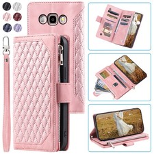 Funda tipo billetera romboidal de lujo Samsung J7 (2016), funda de teléfono con cremallera de cuero para tarjeta abatible