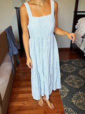 Madewell Blue/White Striped Square Neck Sleeveless Tiered Midi Dress 10