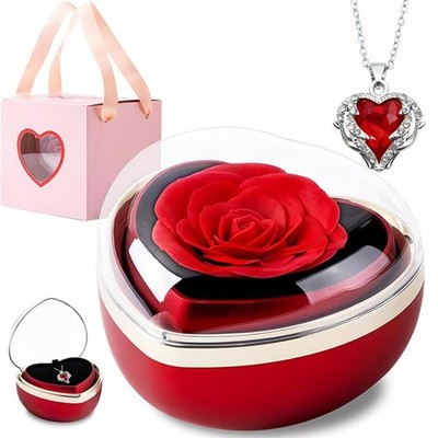 Ewige Rose mit Schmuck, Konservierte Rose Blumen Box in Herzform,Frauen