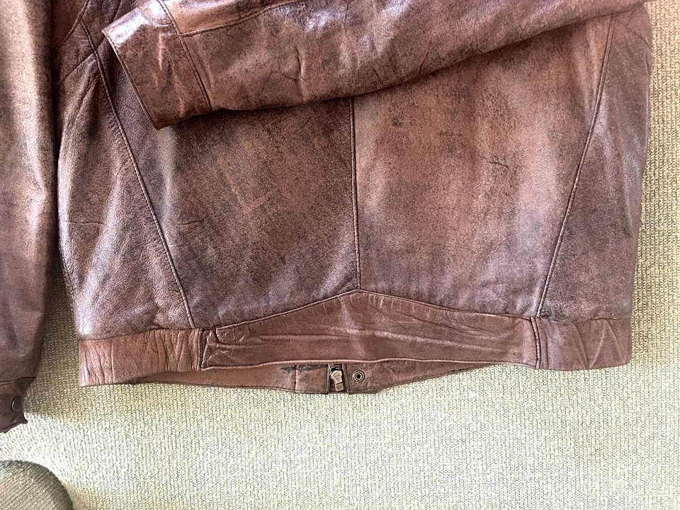 Charles Klein 90's Leather Distressed Brown Bomber Jacket Zip Snap Lined Heavy S - Image 2 of 4