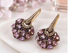 Purple Rhinestone Earrings in Gold Tone, 3.5x...